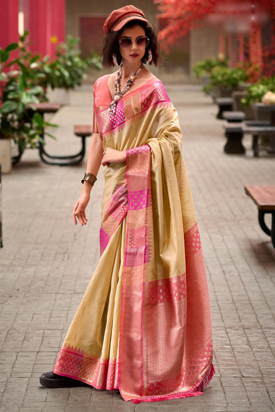 Appealing Weaving Work On Banarasi Silk Fabric Saree In Beige Color