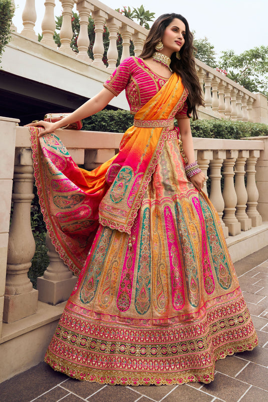 Multi Color Silk Fabric Beatific Wedding Wear Bridal Lehenga