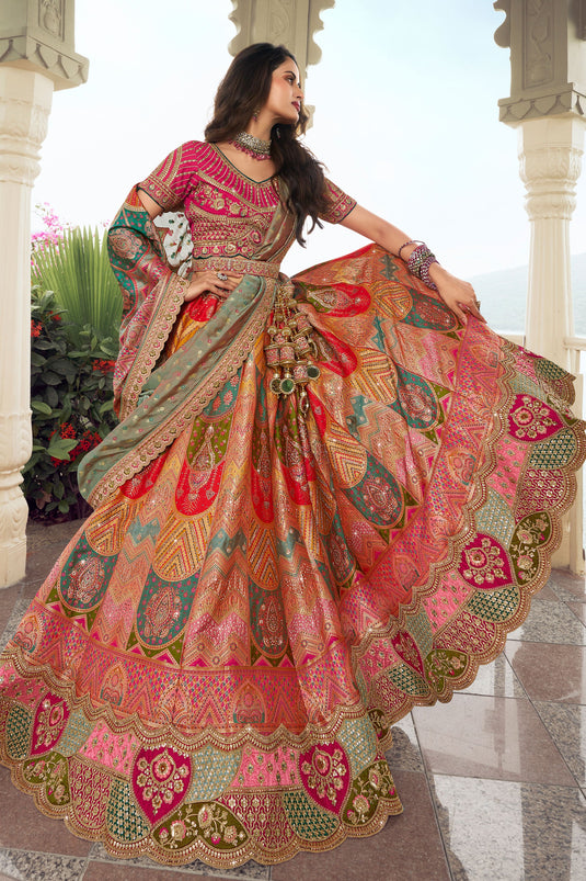 Tempting Multi Color Wedding Wear Bridal Lehenga In Silk Fabric