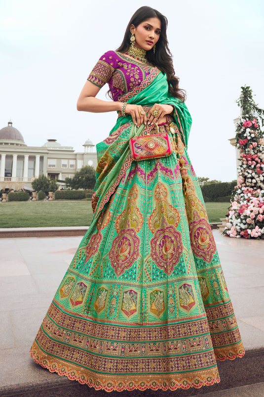 Engaging Sea Green Color Silk Fabric Wedding Wear Bridal Lehenga