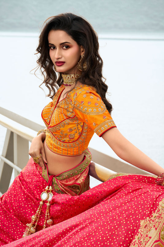 Trendy Silk Fabric Orange Color Wedding Wear Bridal Lehenga