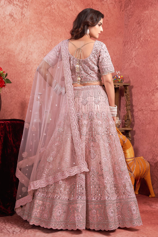 Embroidered Wedding Wear Lehenga Choli In Pink Color Net Fabric