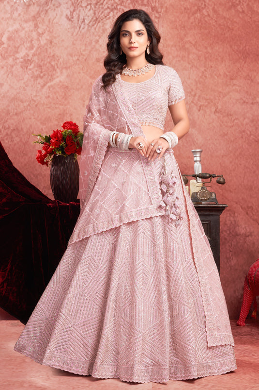 Net Fabric Bridal Lehenga Choli With Embroidery Work In Pink Color