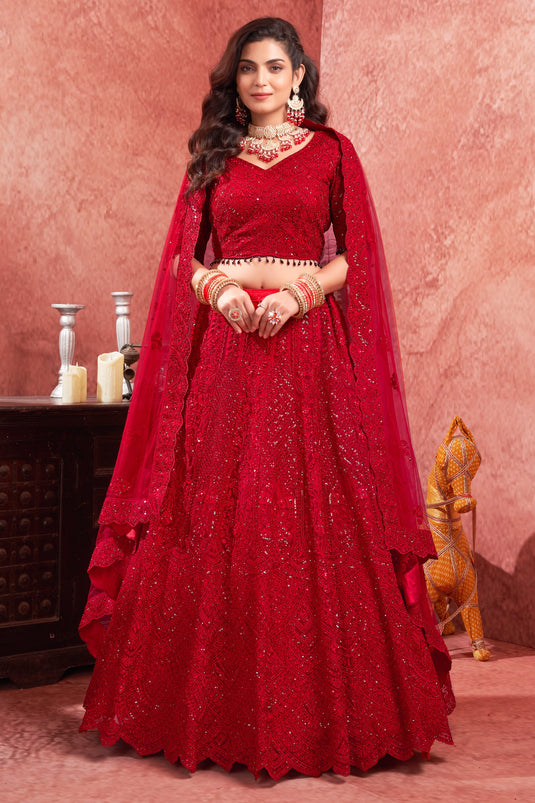 Embroidery Work Bridal Lehenga In Red Color Net Fabric With Blouse