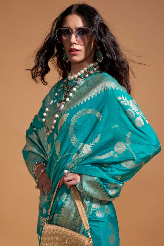 Sea Green Color Glorious Georgette Saree With Weaving Work