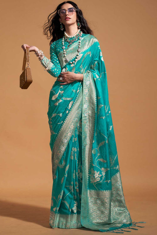 Sea Green Color Glorious Georgette Saree With Weaving Work