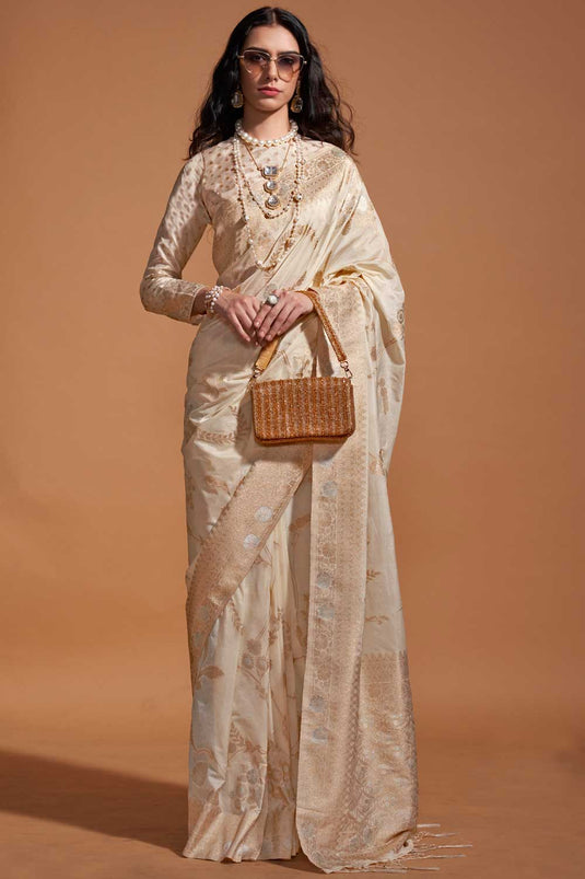 Delicate Beige Color Weaving Work Georgette Saree