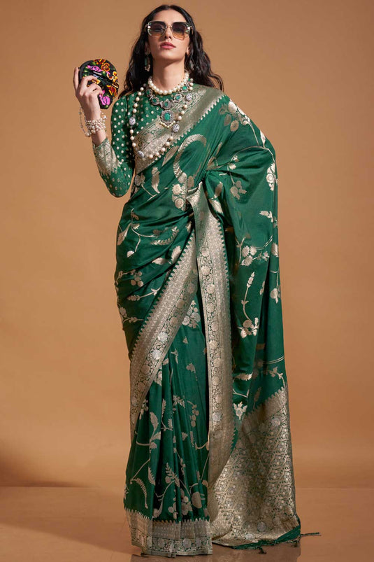 Blazing Dark Green Color Weaving Work Georgette Saree