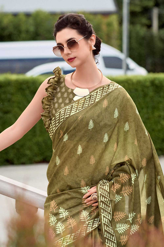 Incredible Printed Work On Art Silk Fabric Mehendi Green Color Saree