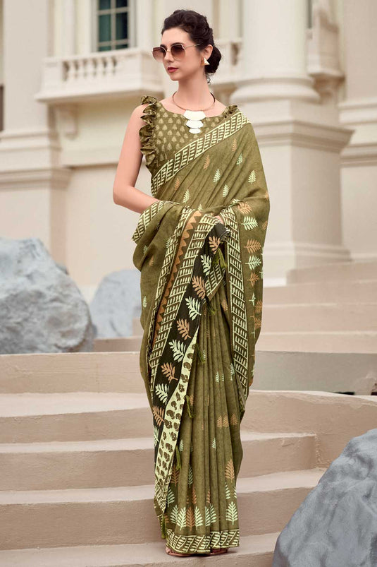 Incredible Printed Work On Art Silk Fabric Mehendi Green Color Saree