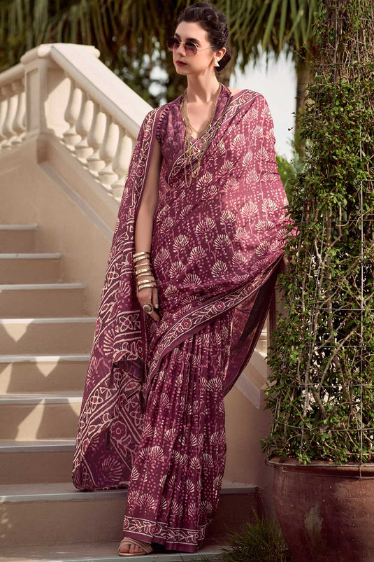 Creative Printed Work On Saree In Wine Color Art Silk Fabric