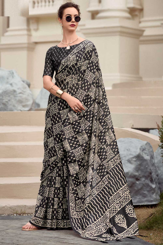 Amazing Black Color Art Silk Fabric Saree With Printed Work