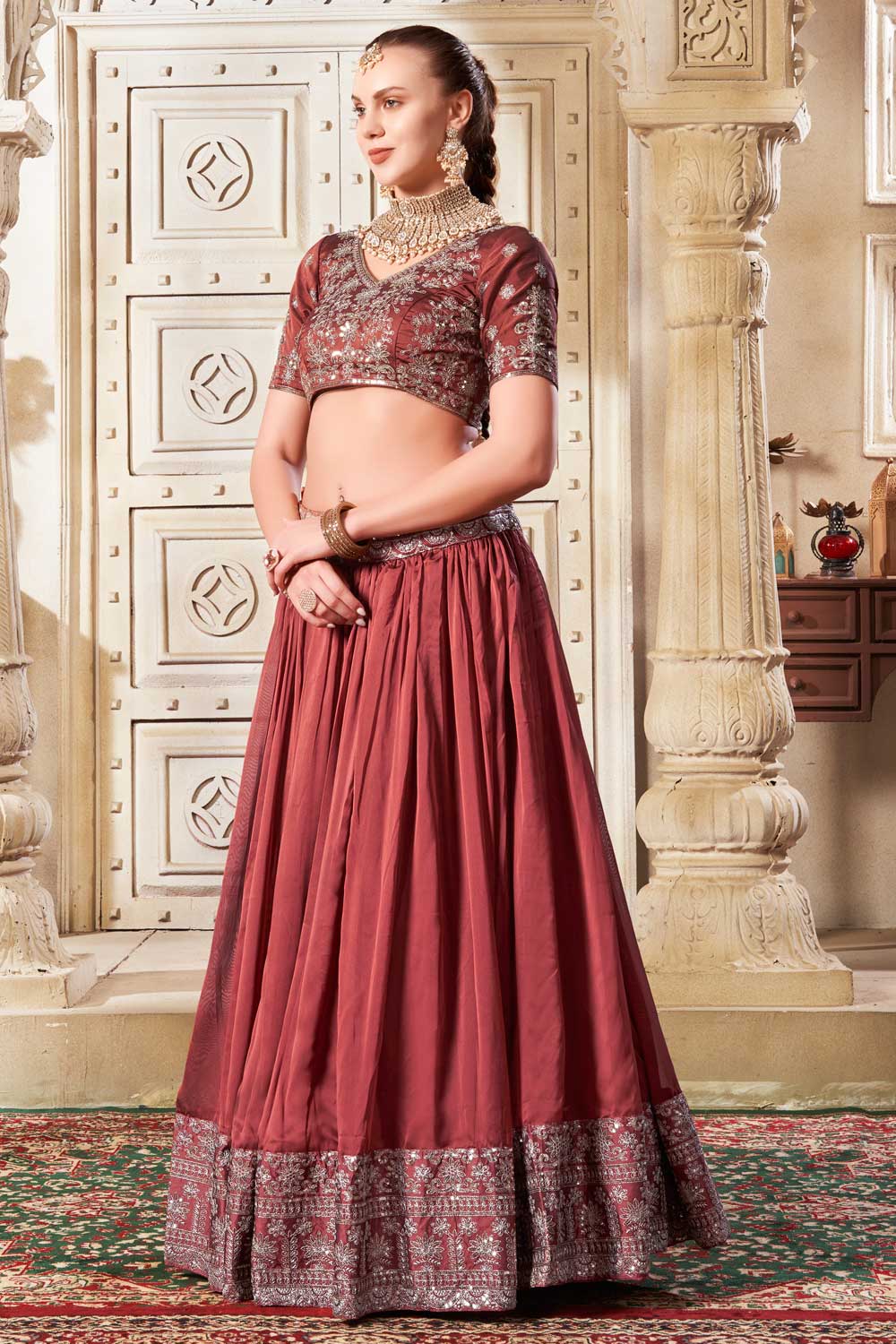 Rust Color Silk Rust Color Silk Fabric Glamorous Look Lehenga