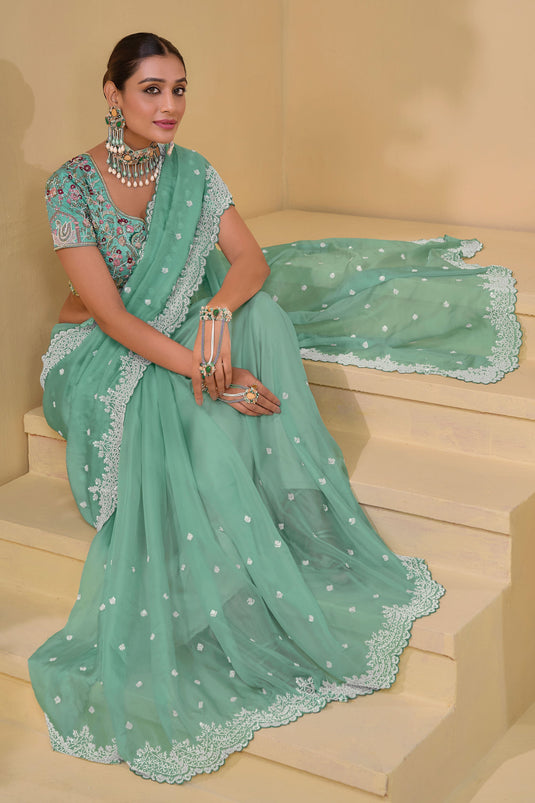 Sequins Work On Sea Green Designer Saree With Designer Blouse