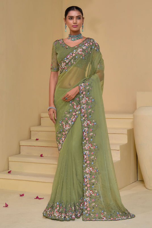 Green Banarasi Party Wear Saree With Beautiful Blouse