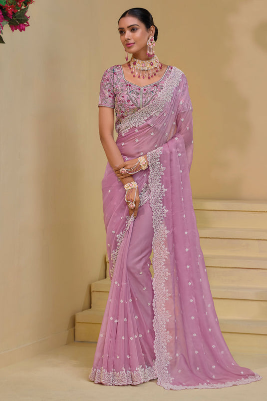 Sequins Work Pink Banarasi Saree With Attractive Blouse