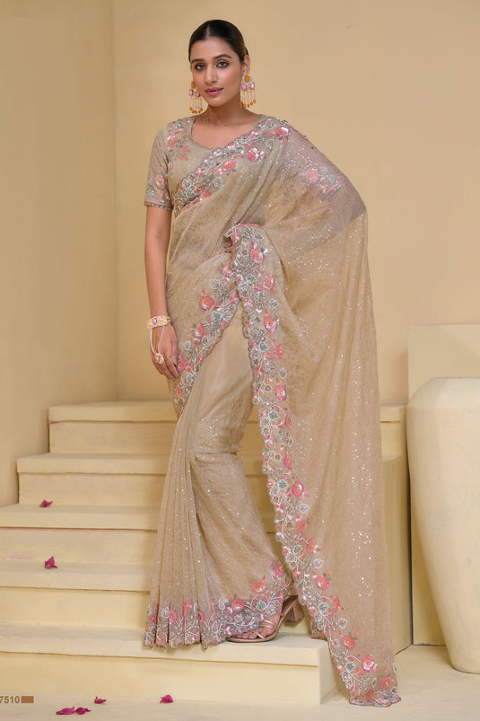 Cream Banarasi Function Wear Saree With Marvelous Blouse