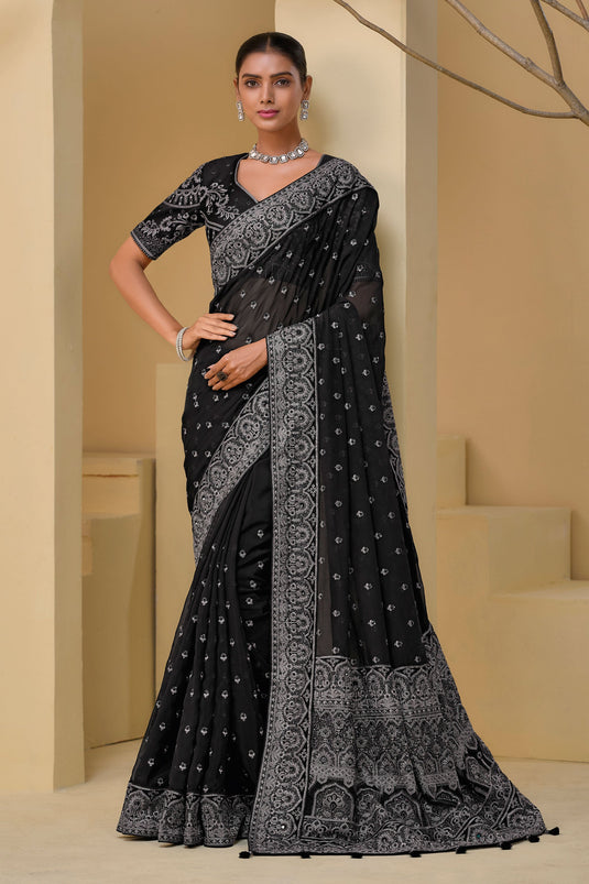 Thread Work Black Designer Saree With Gorgeous Blouse