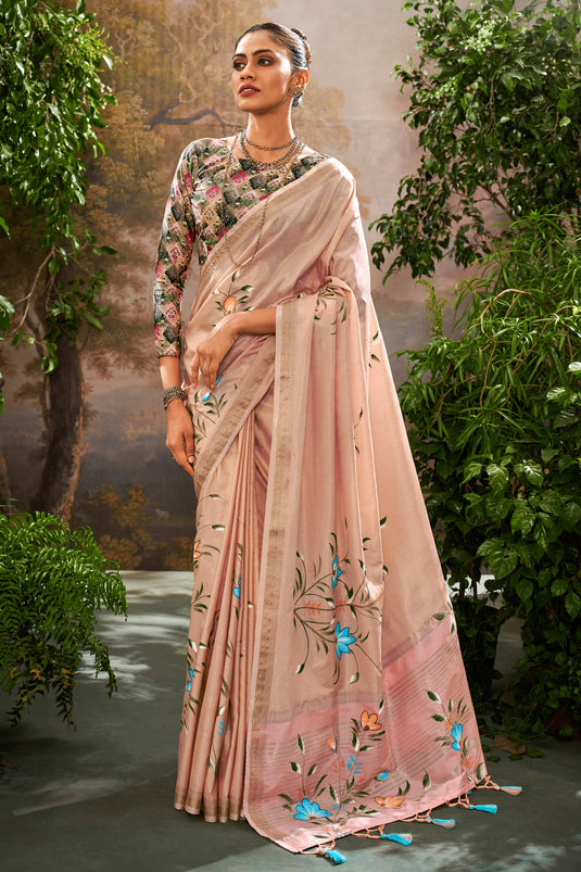 Floral Print Peach Color Casual Art Silk Saree