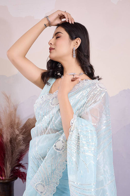 Net Fabric Occasion Wear Sky Blue Sequins Work Saree