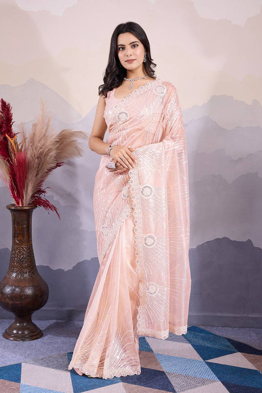 Peach Sequins Work Party Wear Saree With Attractive Blouse