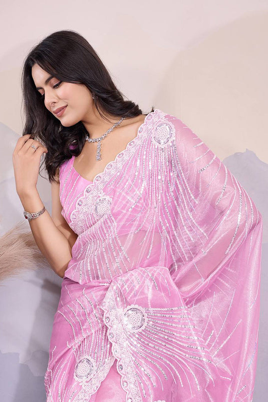 Sequins Work On Pink Net Saree With Designer Blouse