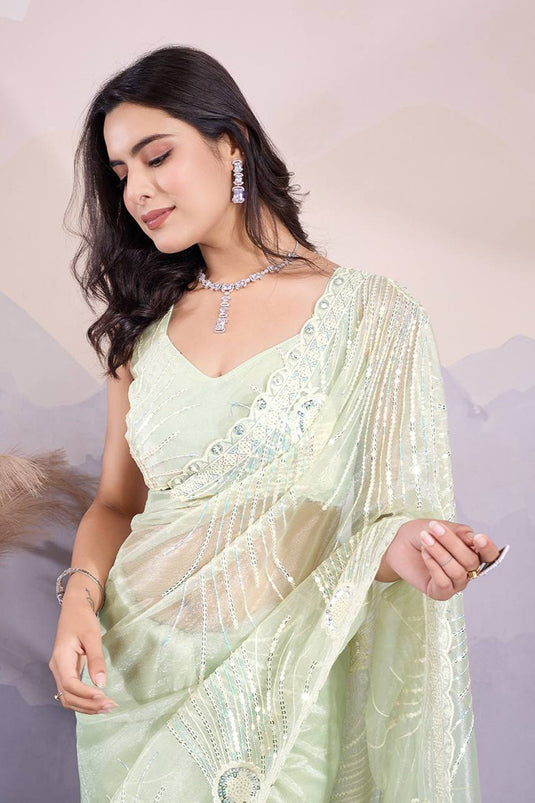 Sequins Work Net Sea Green Occasion Wear Saree