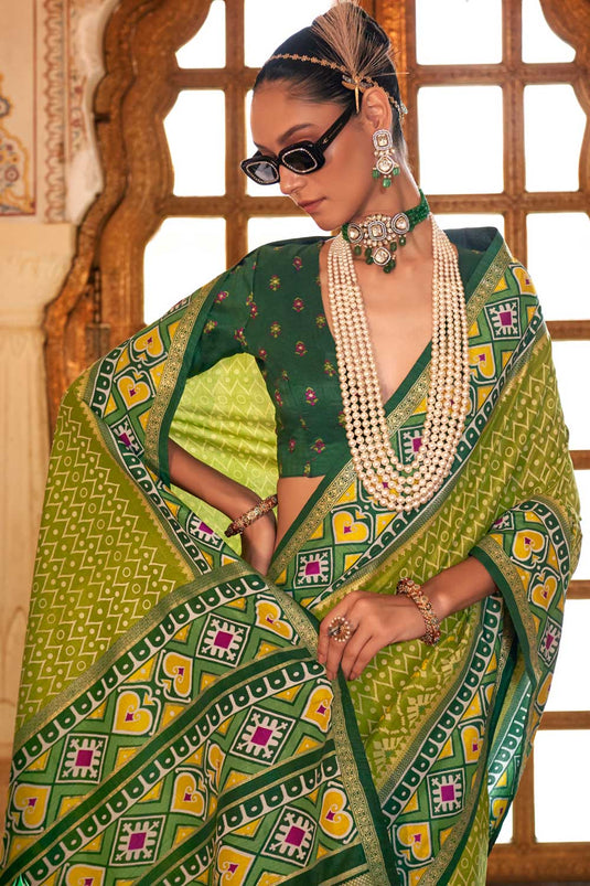 Excellent Green Color Patola Printed Art Silk Saree