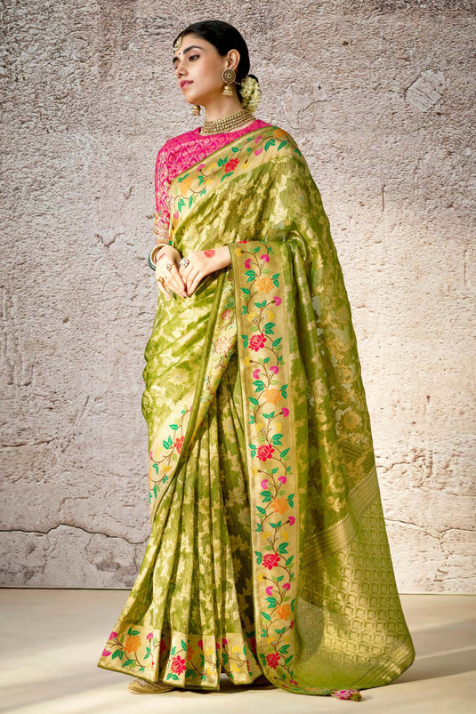 Green Banarasi Silk Saree With Delicate Floral patterns