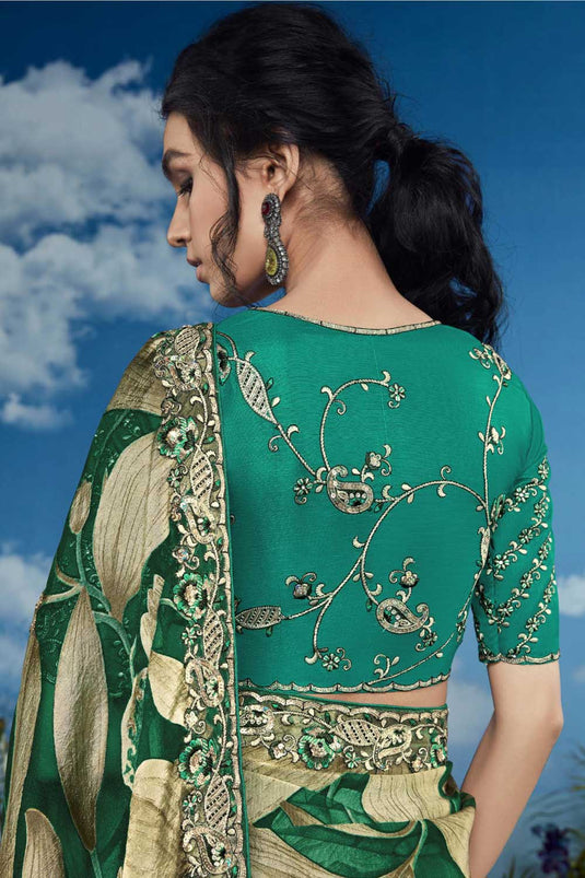 Soothing Brasso Fabric Party Style Saree In Green Color