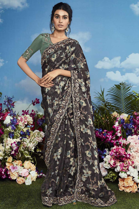 Blazing Black Color Brasso Fabric Party Style Saree