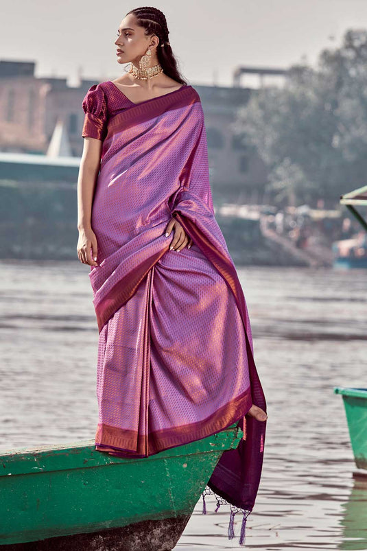 Woven Art Silk Saree in Pink Color