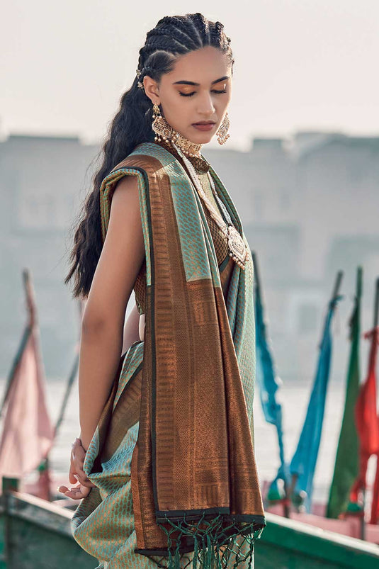 Woven Art Silk Saree in Sea Green Color