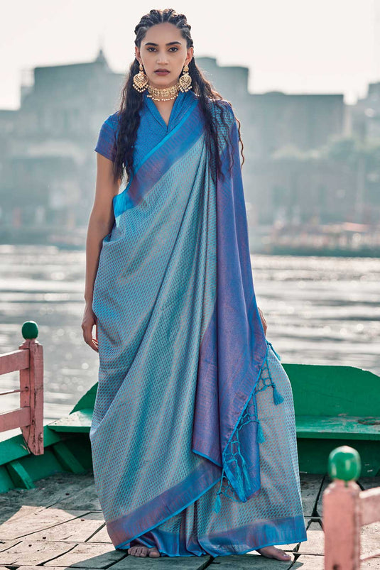 Woven Art Silk Saree in Cyan Color