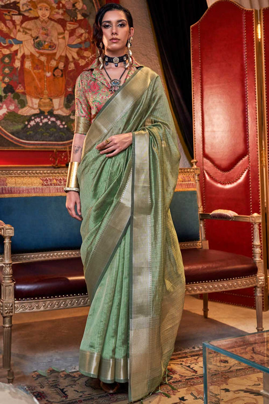 Weaving Work Soothing Chiffon Saree In Green Color