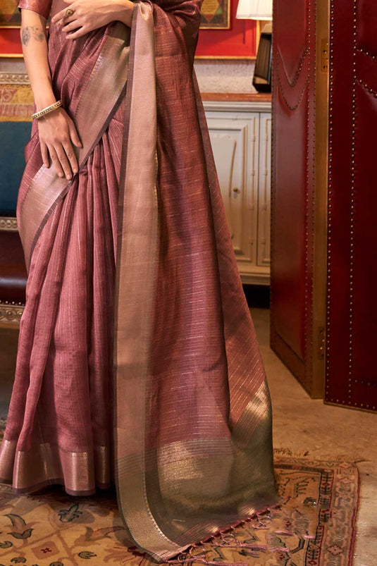 Weaving Work Attractive Chiffon Saree In Peach Color