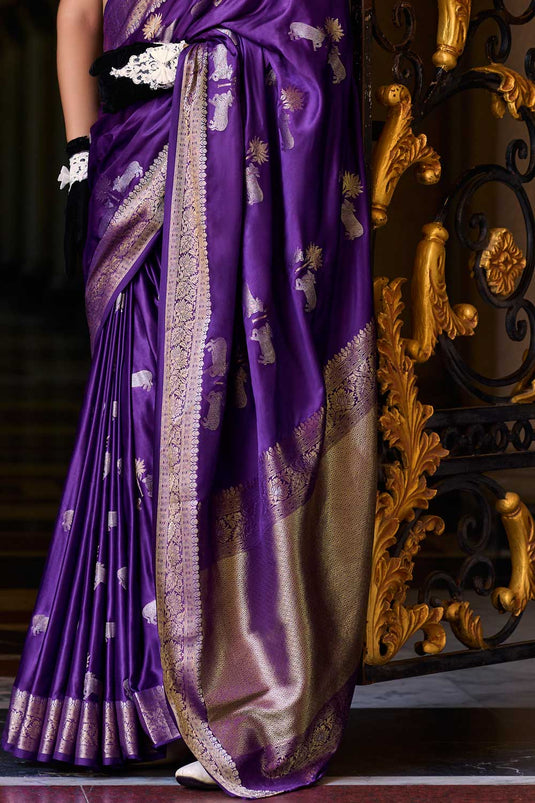 Creative Weaving Design on Satin Silk Fabric Saree in Purple Color