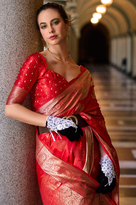 Red Color Satin Silk Saree with Elegant Weaving Designs