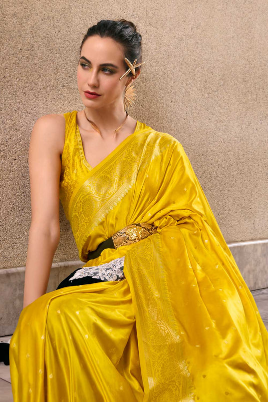 Stylish Yellow Color Weaving Work Soft Satin Silk Fabric Saree