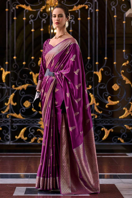 Wine Color Satin Silk Saree with Delightful Weaving Designs