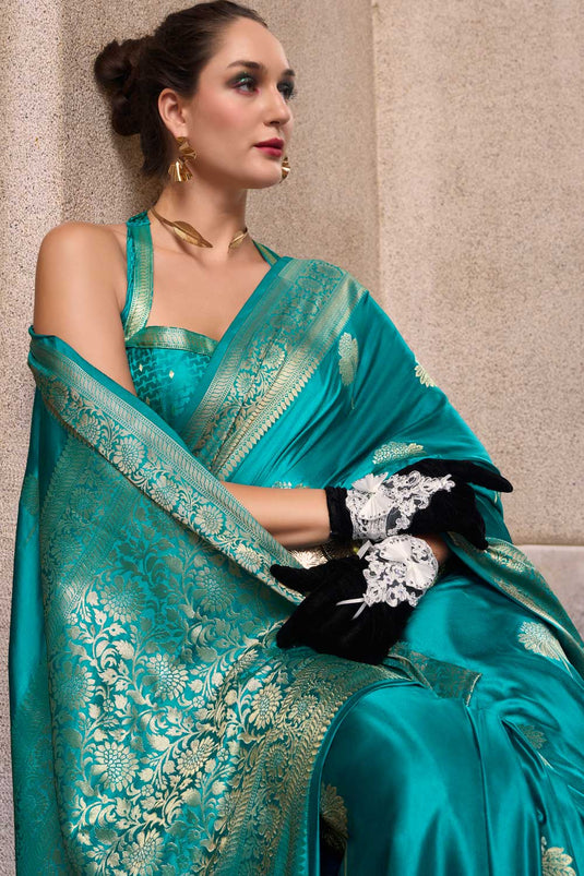 Graceful Sea Green Color Satin Silk Saree with Weaving Designs