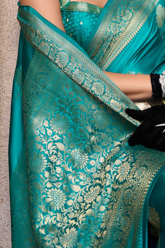 Graceful Sea Green Color Satin Silk Saree with Weaving Designs