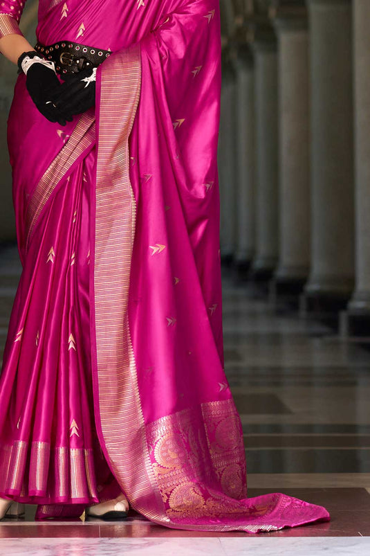 Magenta Color Satin Silk Fabric Saree with Chic Weaving Designs