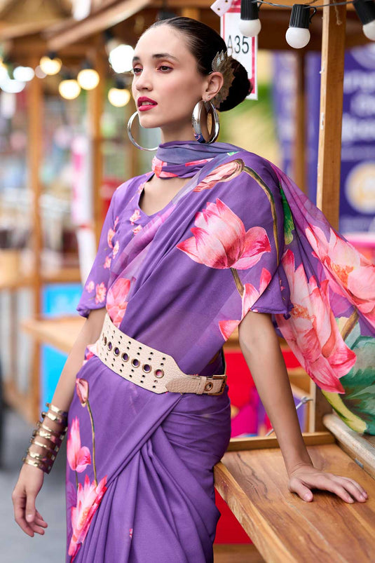 Fabulous Floral Printed Saree in Purple Georgette Fabric