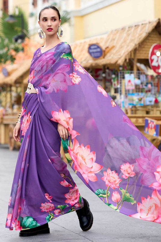 Fabulous Floral Printed Saree in Purple Georgette Fabric