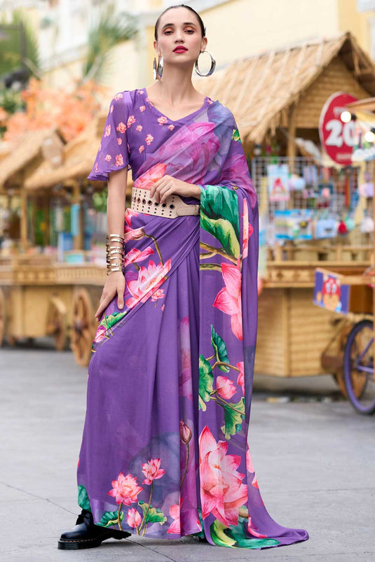 Fabulous Floral Printed Saree in Purple Georgette Fabric