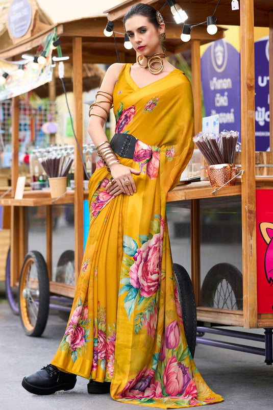 Gorgeous Look Floral Printed Saree In Yellow Georgette Fabric