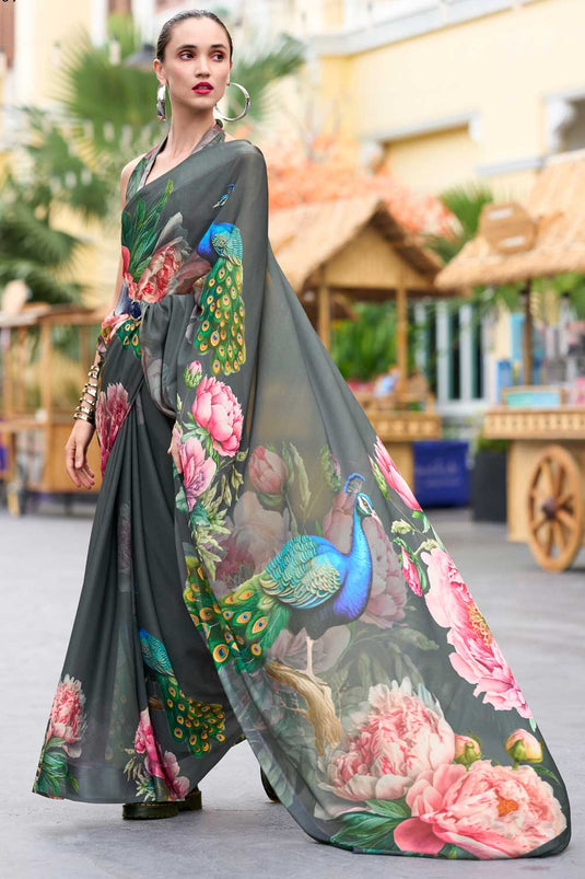 Grey Floral Printed Saree with Ethereal Georgette Fabric