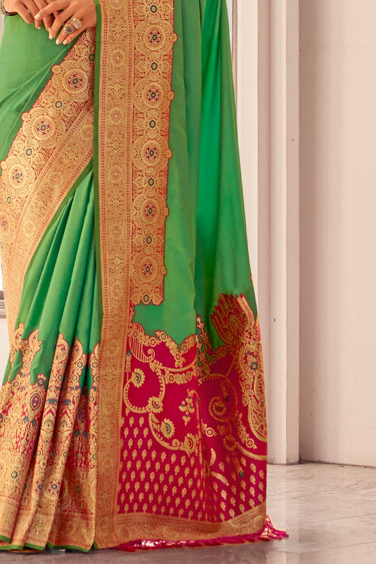 Sea Green Color Riveting Silk Saree With Weaving Work