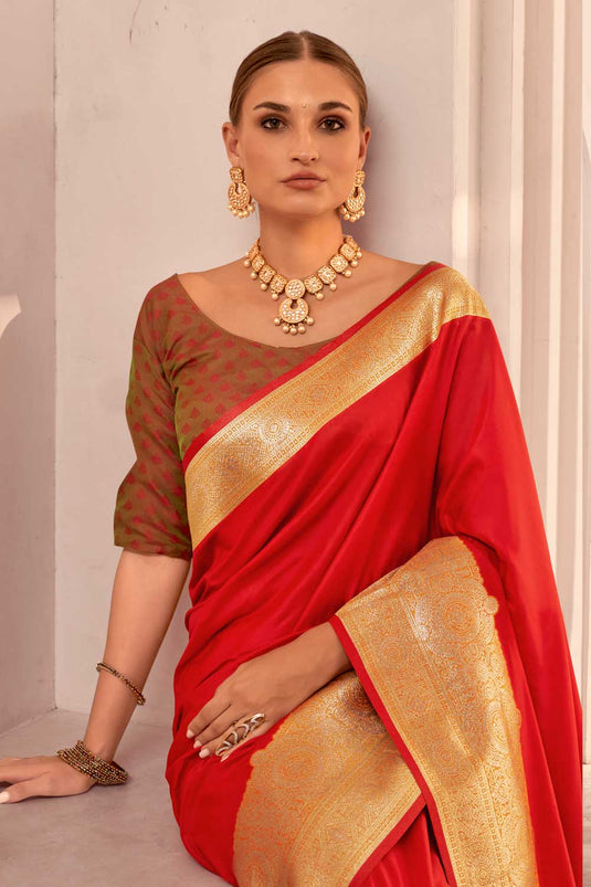 Red Color Excellent Silk Saree With Weaving Work